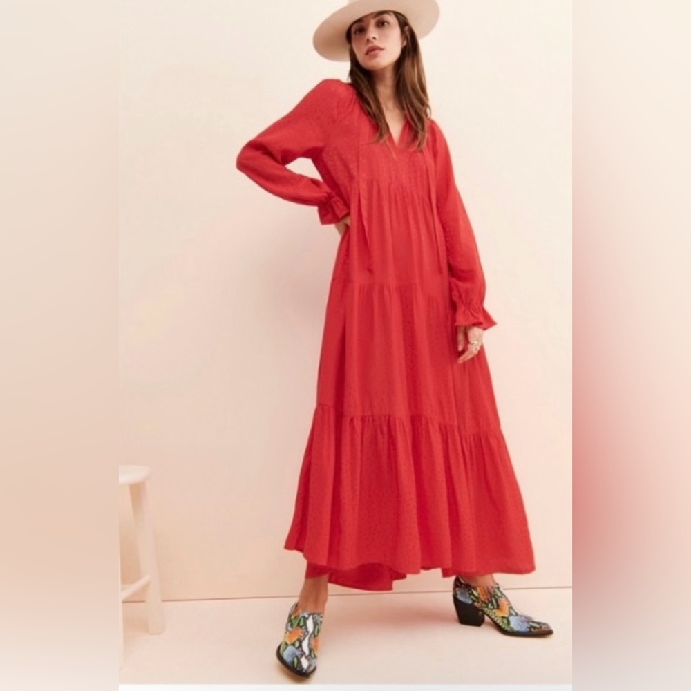 Anthropologie Red Pleated Maxi Dress with Bishop Sleeves